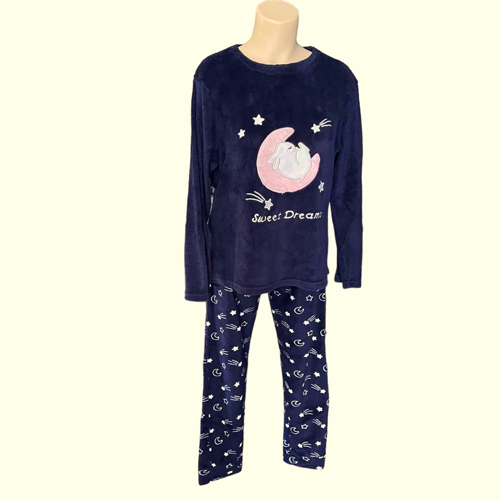 INTECO INTIMATES Pajamas Fleece Blue and White Moon Stars Size Small